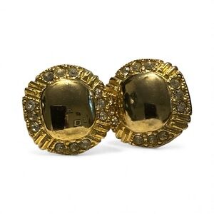 Chunky Vintage Gold Tone Screwback Earrings with White Rhinestones